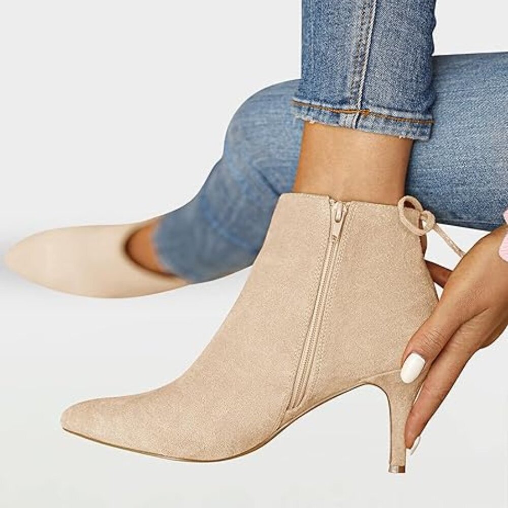 Women Kitten Stiletto Bowtie Strappy Dress Boots Shoes-Beige